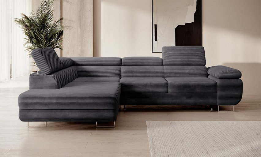 Stevil L-shaped corner sofa with sleeping function with Poso 34 container, left-hand corduroy