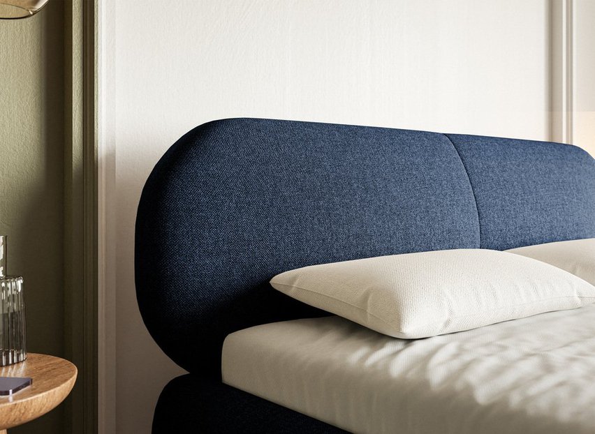 Upholstered bed 160x200 cm Ovalle, navy blue, hydrophobic braid, gold legs