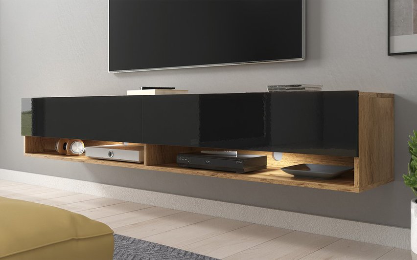 Wander TV Cabinet 180 cm (Wotan Oak / Gloss Black, LED)