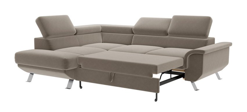 Carenero L-shaped corner sofa with sleeping function with container and adjustable headrests, beige hydrophobic velvet, left-hand side