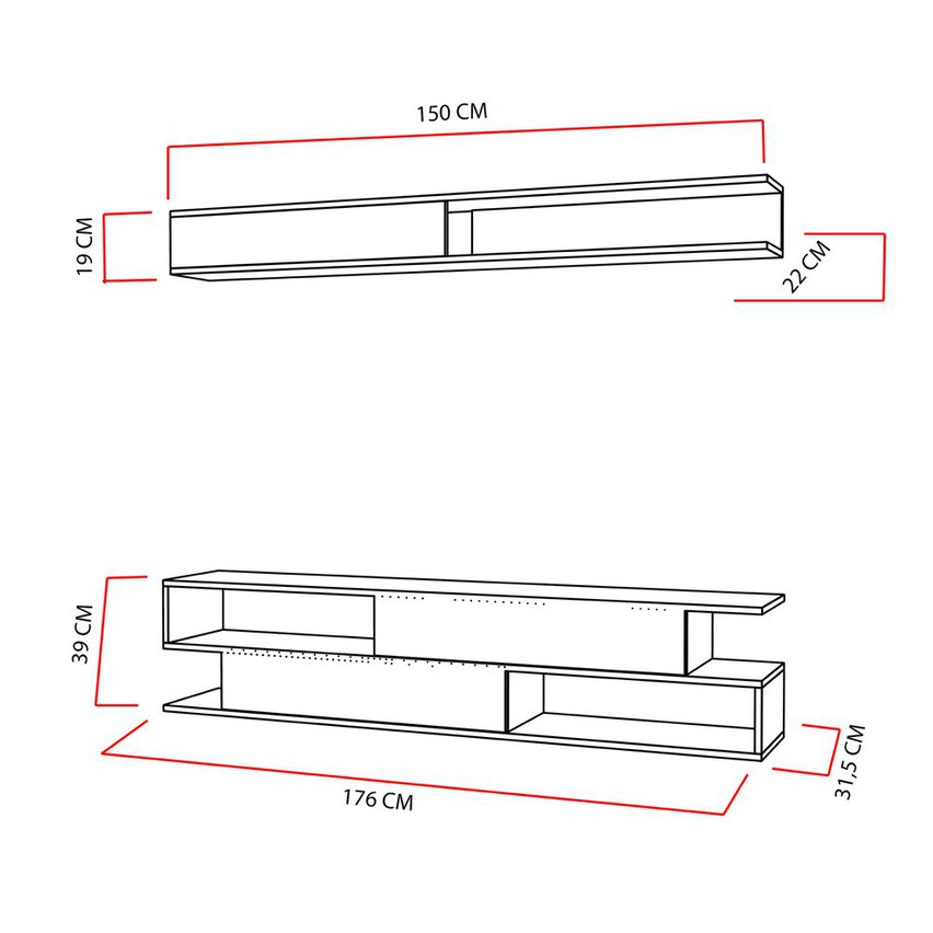 Jeffrey TV cabinet with teak fronts and wall shelf