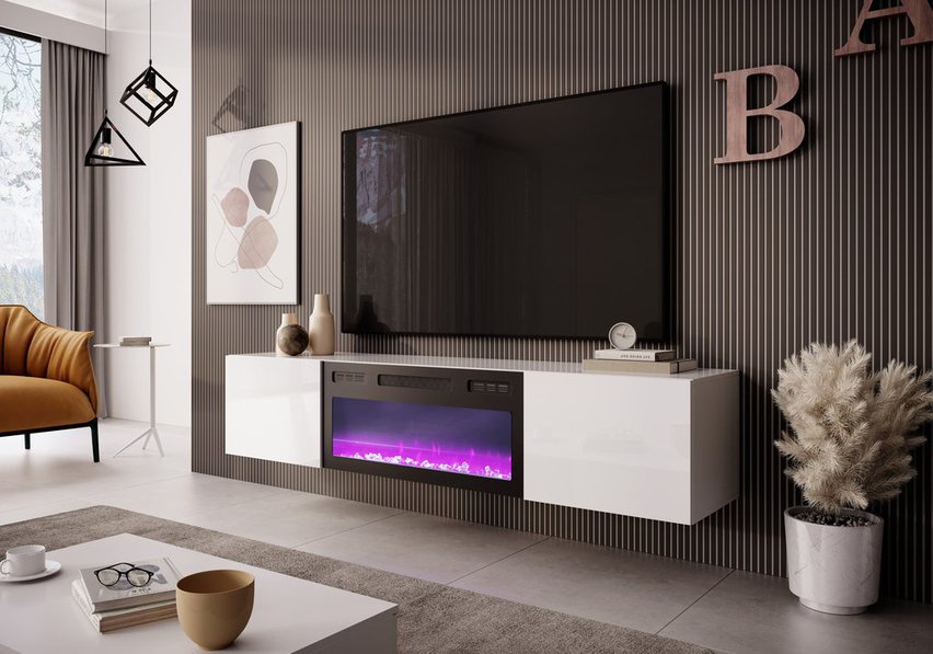 Wabova TV cabinet hanging 180 cm with built-in fireplace white