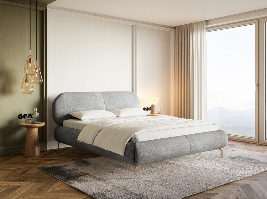 Upholstered bed 140x200 cm Ovalle with storage, metal frame, gray chenille, gold legs