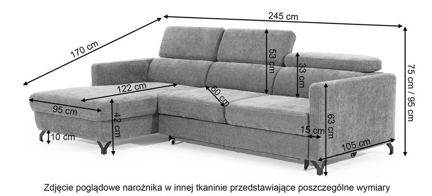 Monarda L-shaped corner sofa with sleeping function with storage and adjustable headrests, gray in easy-clean fabric, right-hand side