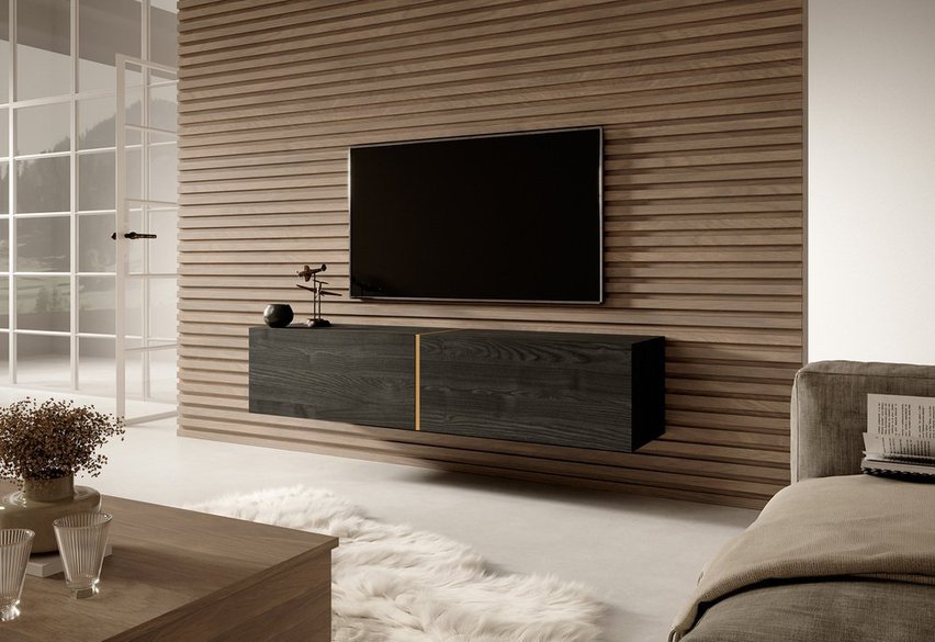 Bisira TV cabinet 140 cm Black ash with gold insert