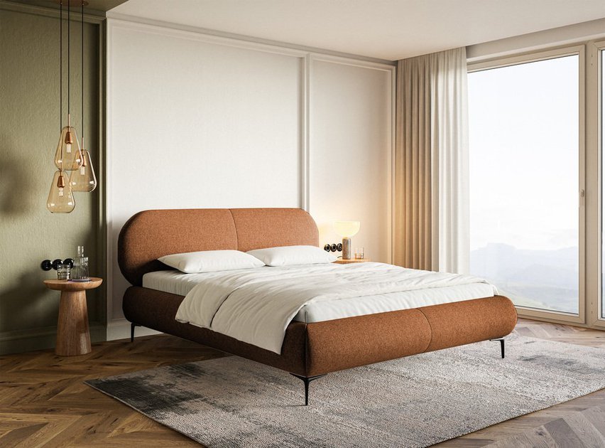 Upholstered bed 160x200 cm Ovalle with storage, metal frame, copper hydrophobic braid, black legs