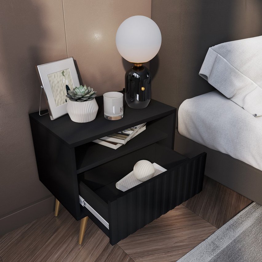 Bello bedside table with a drawer with a lamella front, black and gold legs