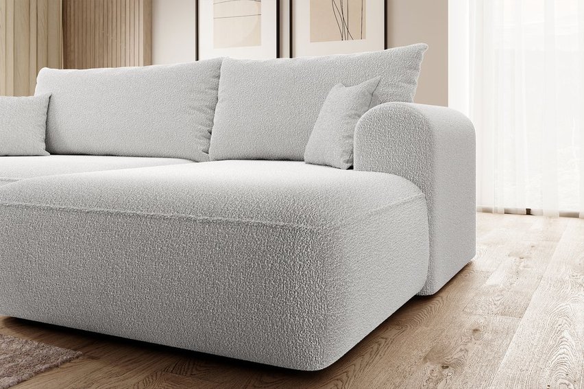 Ovo L-shaped corner sofa with sleeping function with a boucle container