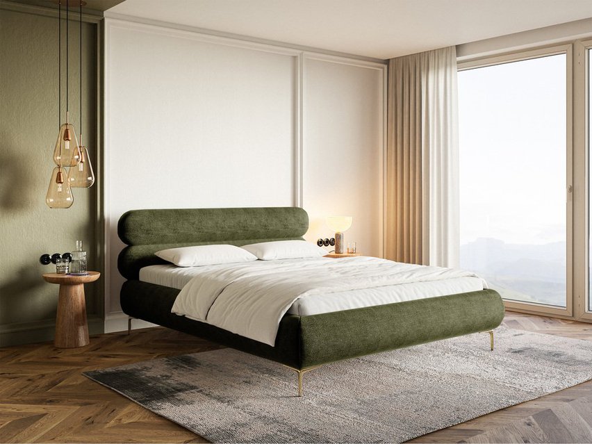 Upholstered bed 180x200 cm Roule with storage, metal frame Perfect Harmony 39 chenille, gold legs