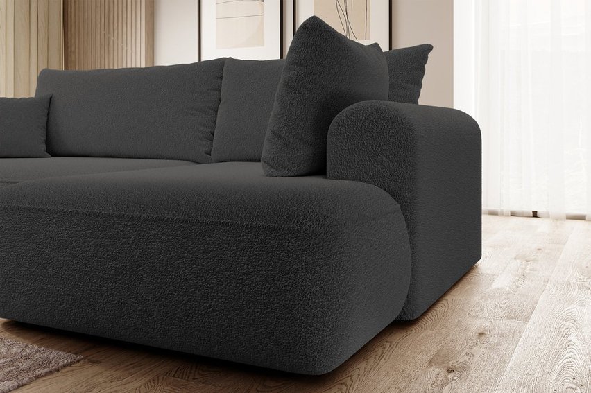 Ovo II L-shaped corner sofa with sleeping function Abriamo 08 with side panel and right-hand boucle container