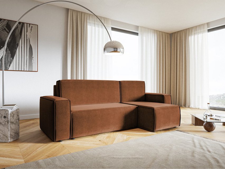 Copertino L-shaped corner sofa with sleeping function with storage, universal copper hydrophobic velvet