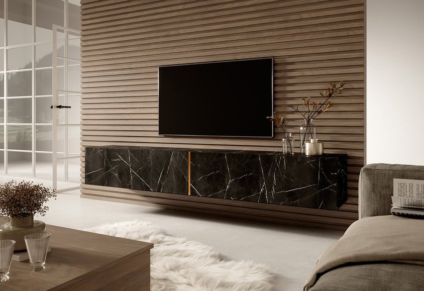 Bisira TV cabinet, 200 cm, black marble with gold insert