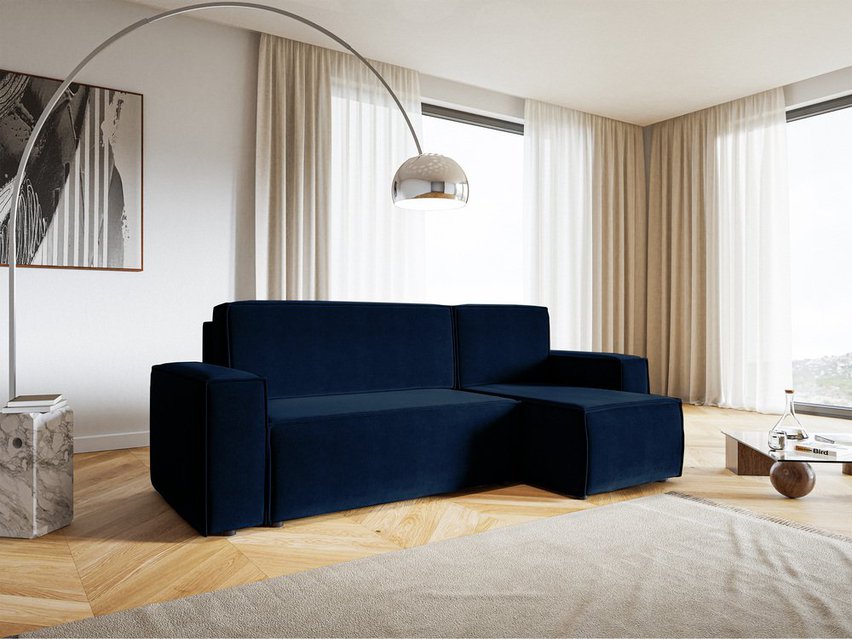 Copertino L-shaped corner sofa with sleeping function with storage, universal, navy blue, hydrophobic velvet