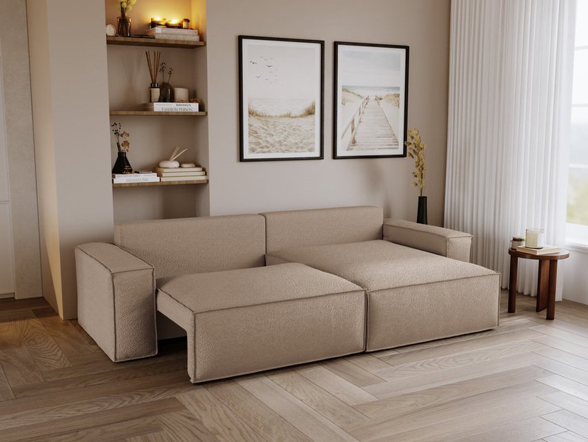 Brylio L-shaped corner sofa with sleeping function with storage, universal beige plush