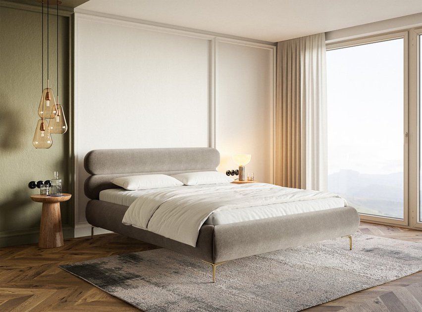 Upholstered bed 160x200 cm Roule with storage, metal frame Amon 16, hydrophobic velvet, gold legs