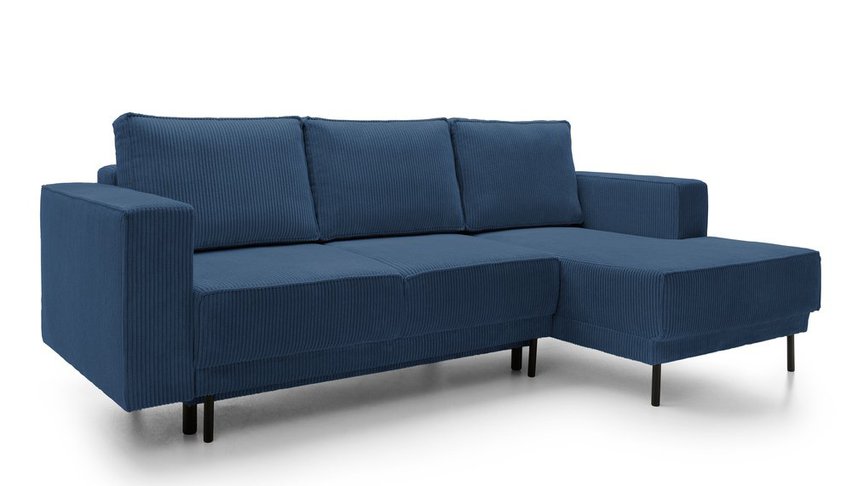 Rodario mini navy blue corner sofa with sleeping function with right-hand corduroy container