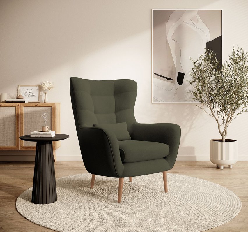 Vence Castel 39 wing armchair, velvet, easy-to-clean beech legs