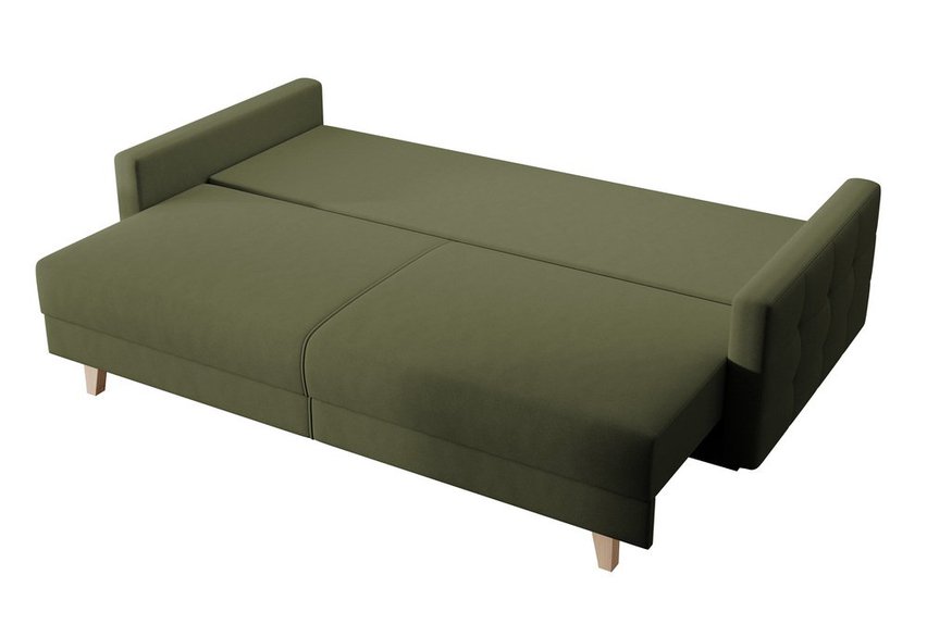 Verat three-seater sofa bed with storage, olive velvet, easy to clean