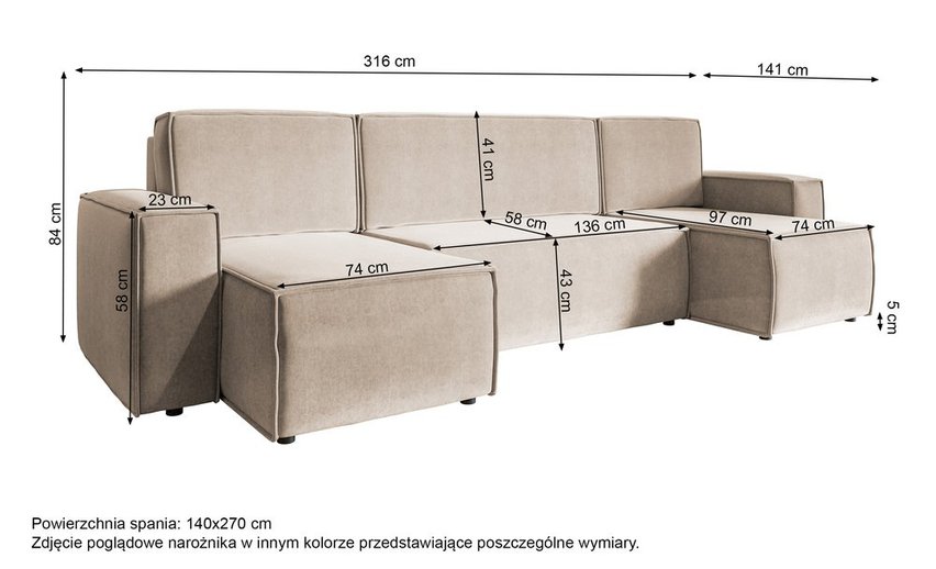 Copertino U-shaped corner sofa with sleeping function with storage, universal, gray-beige, hydrophobic velvet