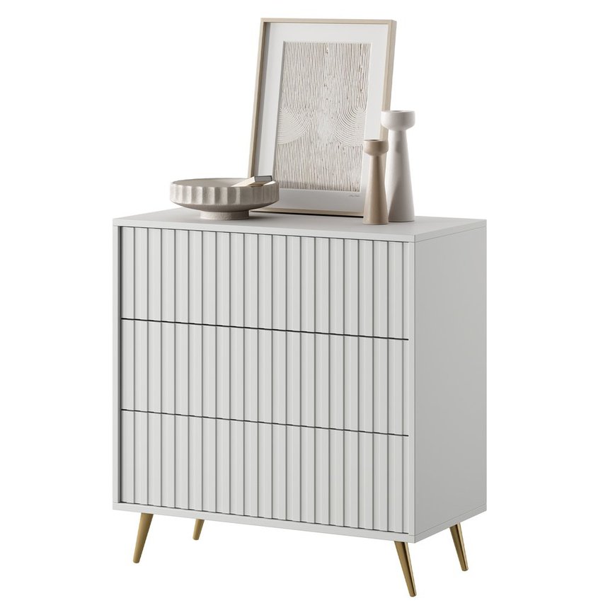 Bello three-drawer white chest of drawers with gold legs