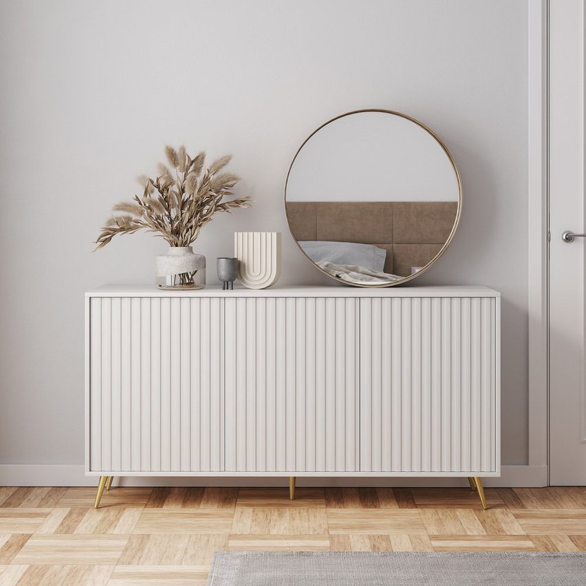 Bello chest of drawers with lamella fronts, 154 cm, white, with gold legs