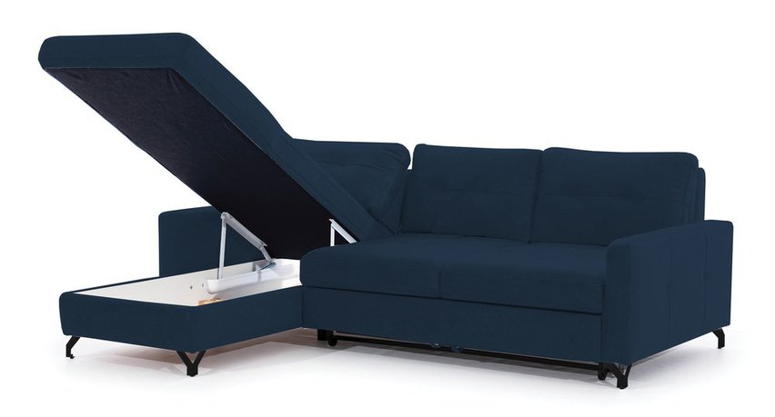 Buriano L-shaped corner sofa with sleeping function with container and adjustable headrest, navy blue hydrophobic velvet, left-sided