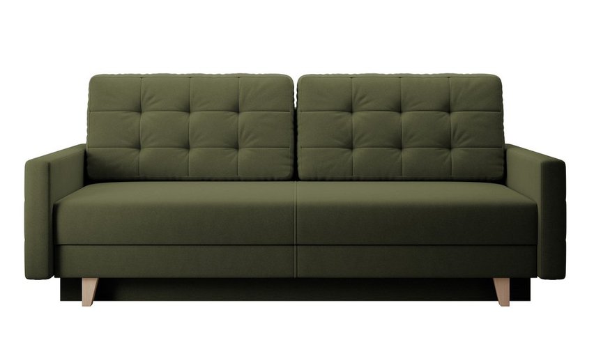 Verat three-seater sofa bed with storage, olive velvet, easy to clean