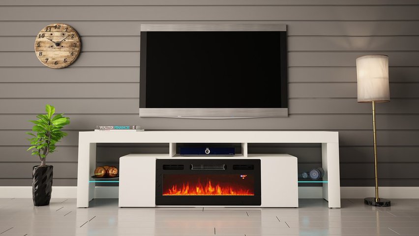 Hezre 200 cm TV cabinet with electric fireplace, white matt / white gloss