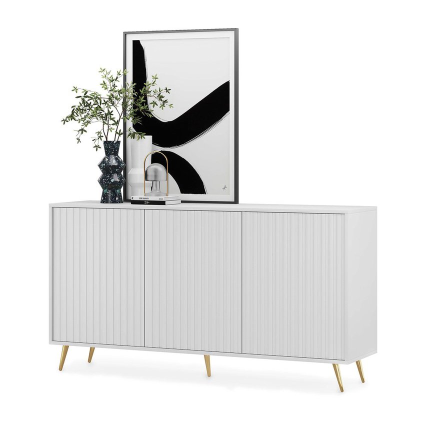 Bello chest of drawers with lamella fronts, 154 cm, white, with gold legs