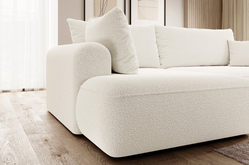 Ovo II L-shaped corner sofa with sleeping function Abriamo 04 with side panel and left-sided boucle container