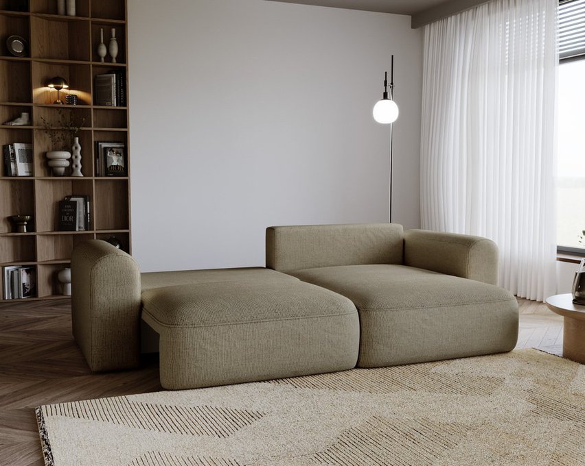 Sollano L-shaped corner sofa with sleeping function with a container, universal beige chenille