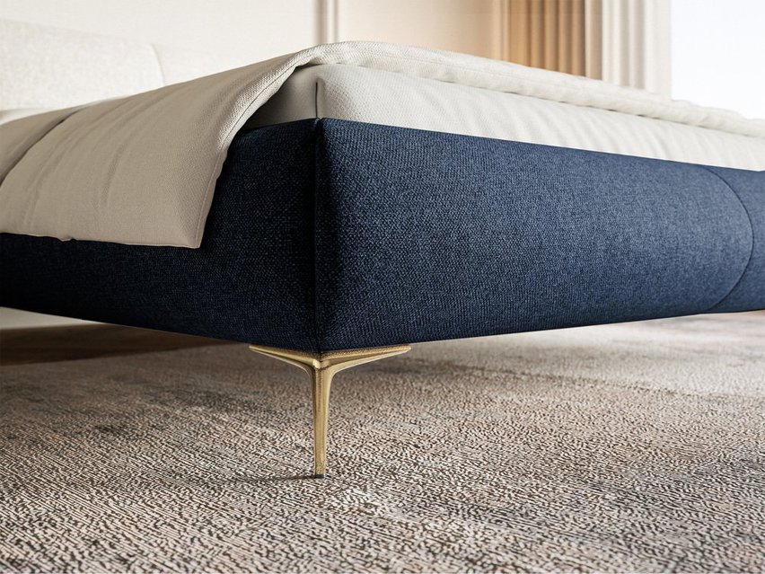 Upholstered bed 160x200 cm Ovalle, navy blue, hydrophobic braid, gold legs