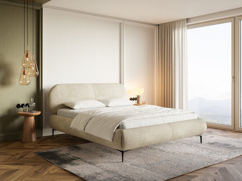 Upholstered bed 180x200 cm Ovalle with storage, metal frame, beige chenille, black legs