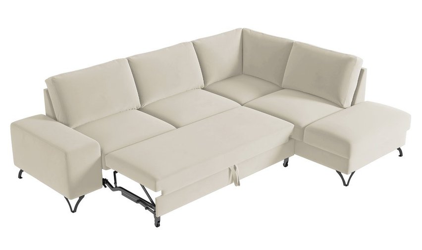 Corner sofa with sleeping function Bewello L-shaped with side and container Matt Velvet 06 easy-cleaning hydrophobic velvet right-hand side