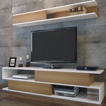 Jeffrey TV cabinet with teak fronts and wall shelf