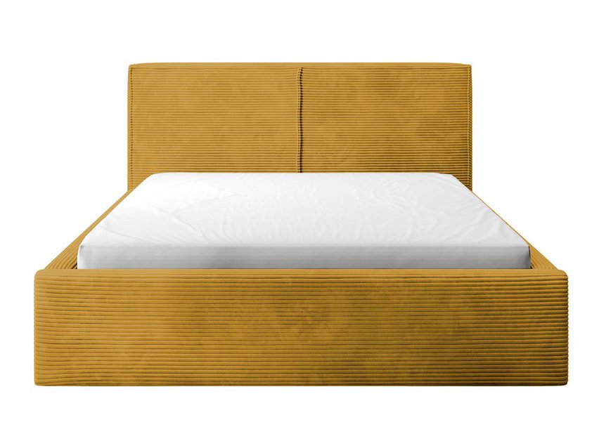 Upholstered bed 160/200 cm Farese mustard Poso 01 with container and gas actuator corduroy