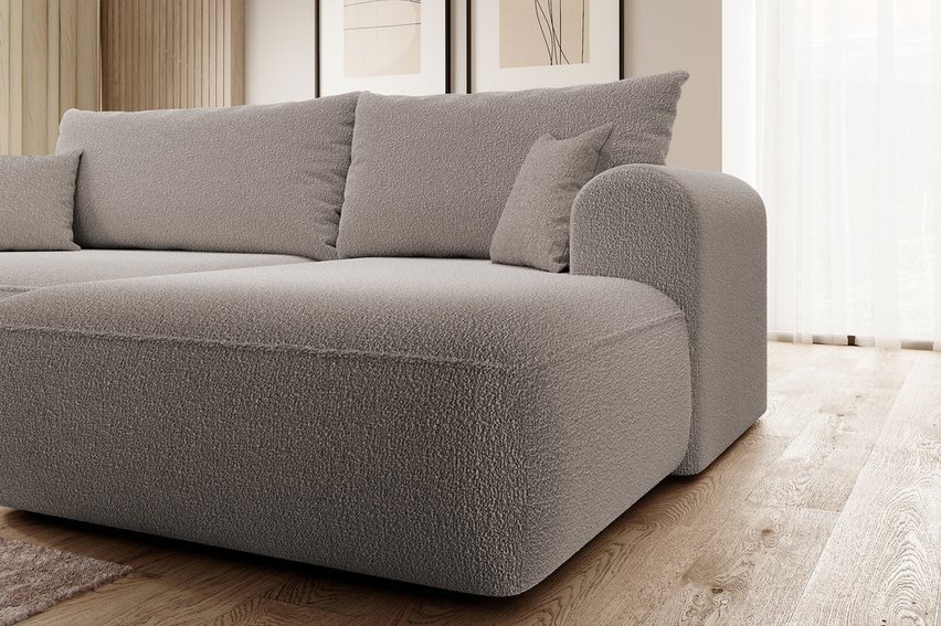 Ovo L-shaped corner sofa with sleeping function with a boucle container