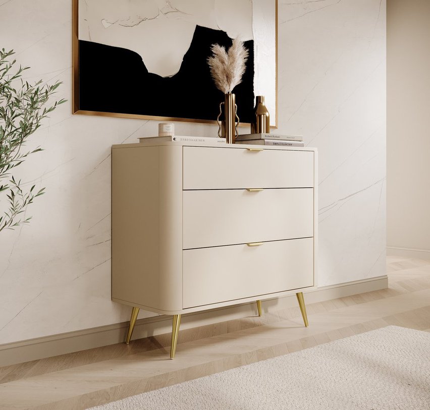 Oval chest of drawers with three drawers, 92 cm, Beige