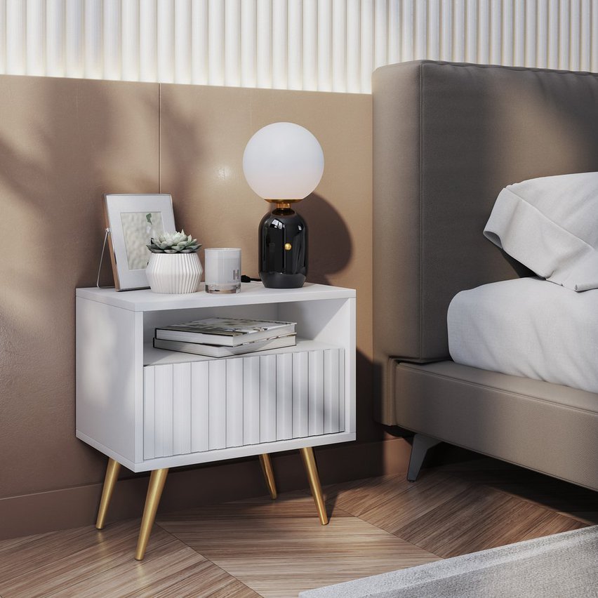 Bello bedside table with a drawer with a lamel front, white and gold legs