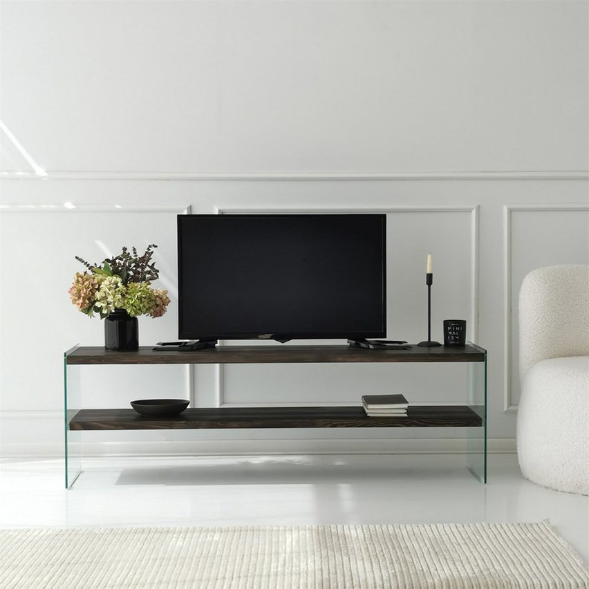 Nariess TV cabinet dark brown wood with glass sides