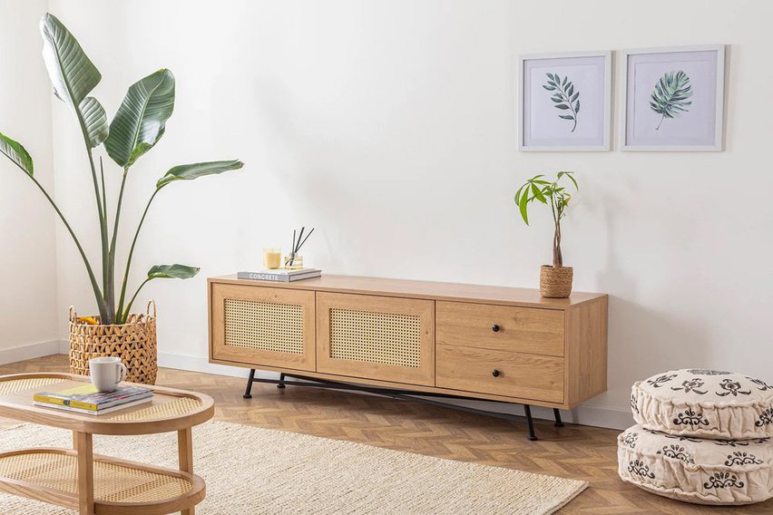 Crattale TV cabinet 180 cm with a natural rattan front