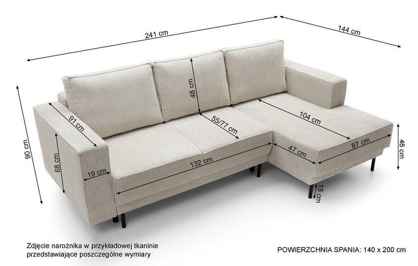 Rodario mini corner sofa with sleeping function and Castel 80 bedding container, left-handed