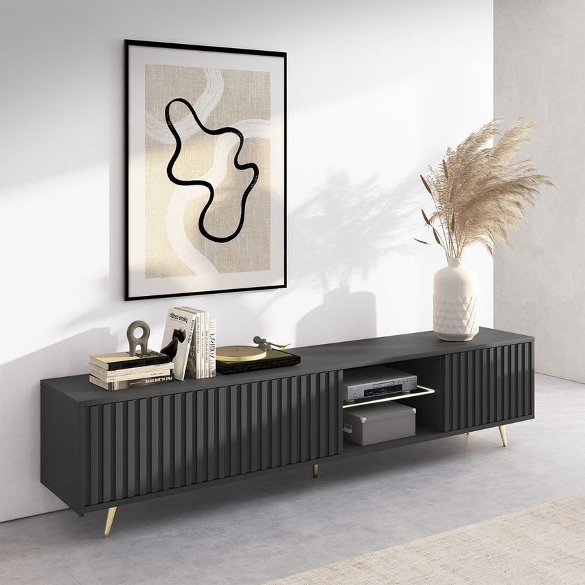 Bello TV cabinet with lamella fronts, 175 cm, black, LED, with gold legs