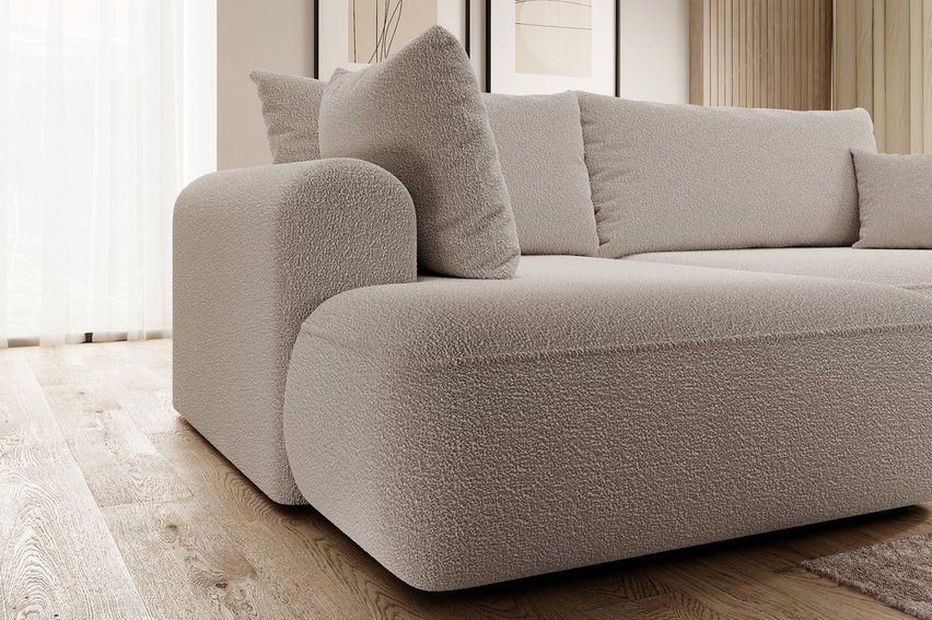 Ovo II L-shaped corner sofa with sleeping function Abriamo 02 with side and boucle container, left-hand