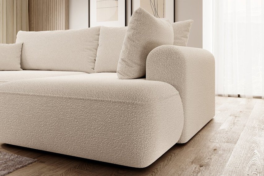 Ovo II L-shaped corner sofa with sleeping function Abriamo 03 with side panel and right-hand boucle container