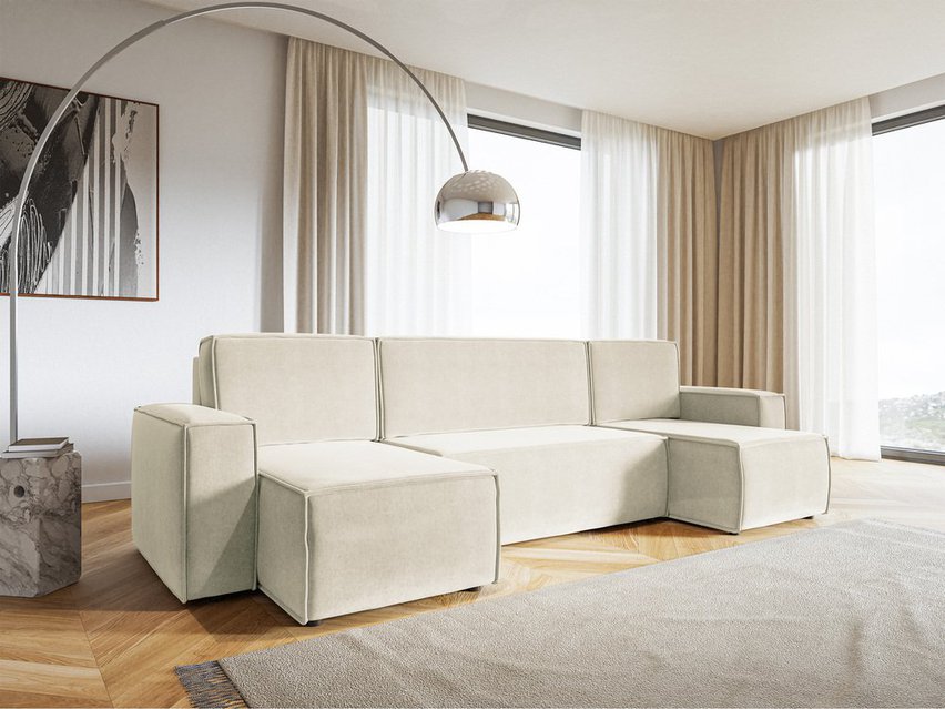 Copertino U-shaped corner sofa with sleeping function with storage, universal cream hydrophobic velvet