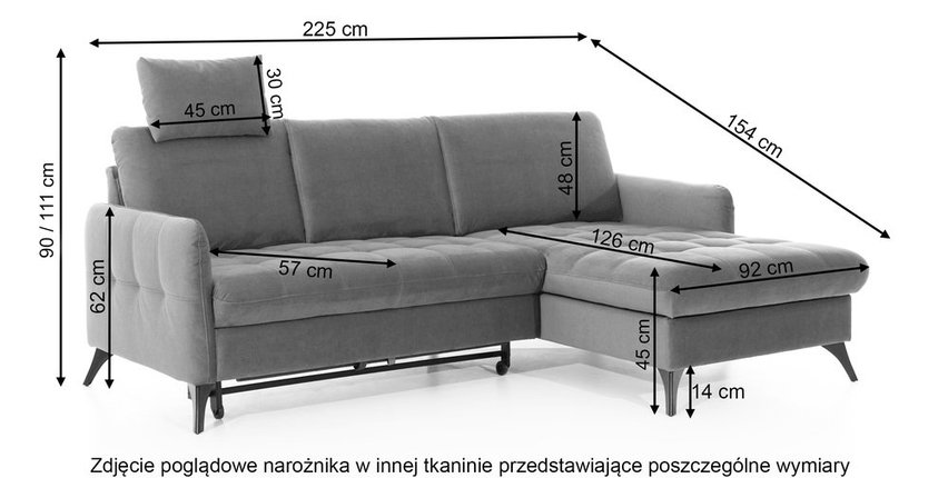 Corner sofa with sleeping function Casotti L-shaped with container and adjustable headrest dark gray in easy-clean fabric right-hand side