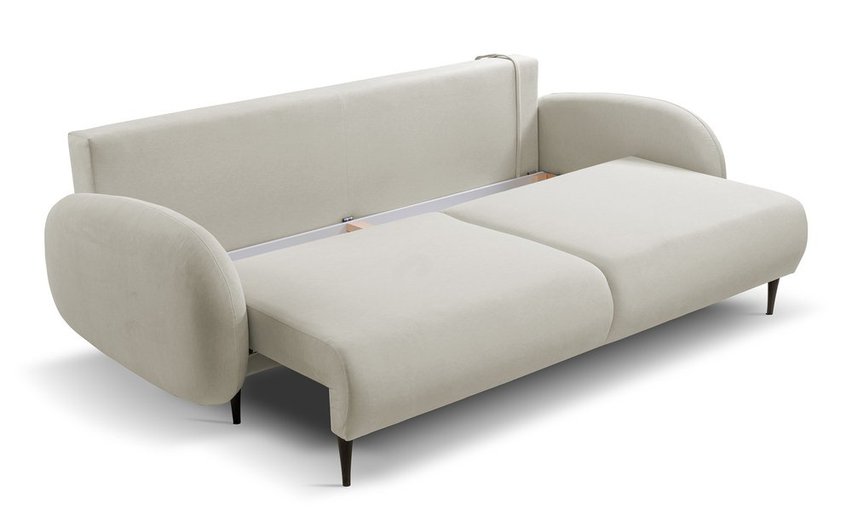 Bafra sofa bed with sleeping function and bedding container, light beige velvet