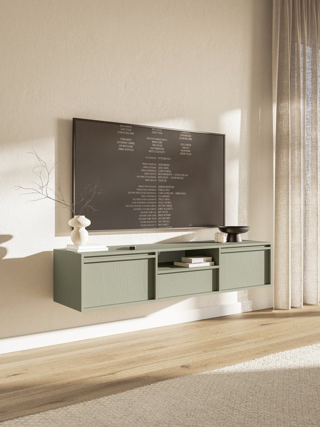 Evo two-door TV cabinet with hanging drawer, 154 cm, sage