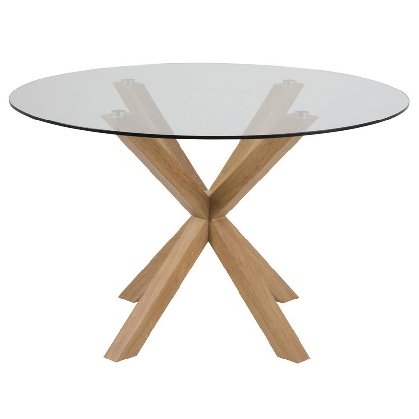 Kardema round dining table, diameter 119 cm, glass, on an oak base